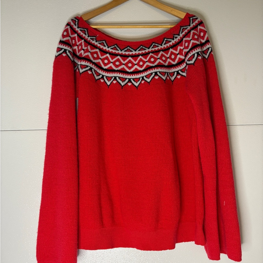 Elegant Red Oversized Patterned Crew‎ Neck Sweater Size XXL
